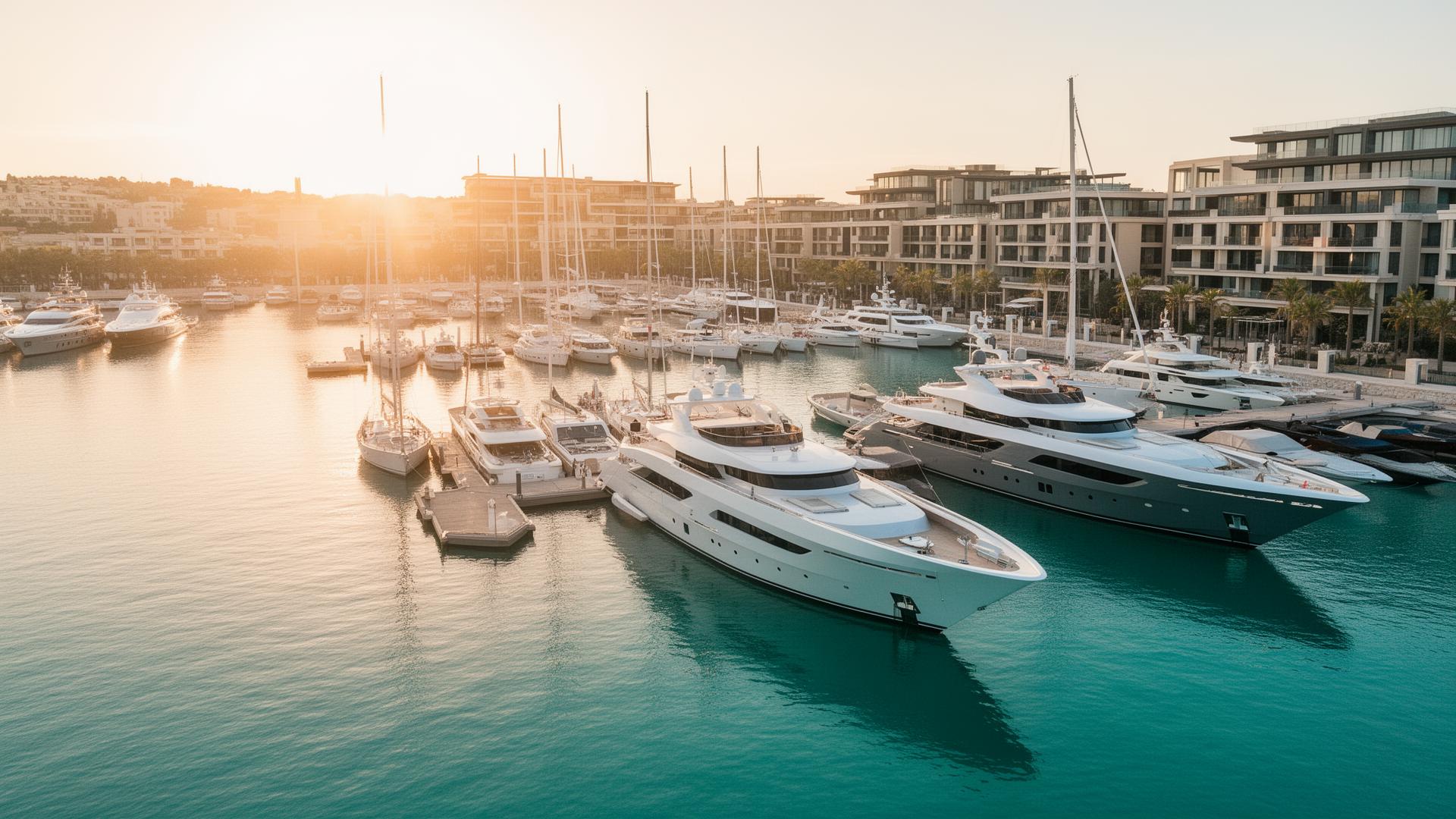 Luxury marina at golden hour with yachts docked in turquoise water